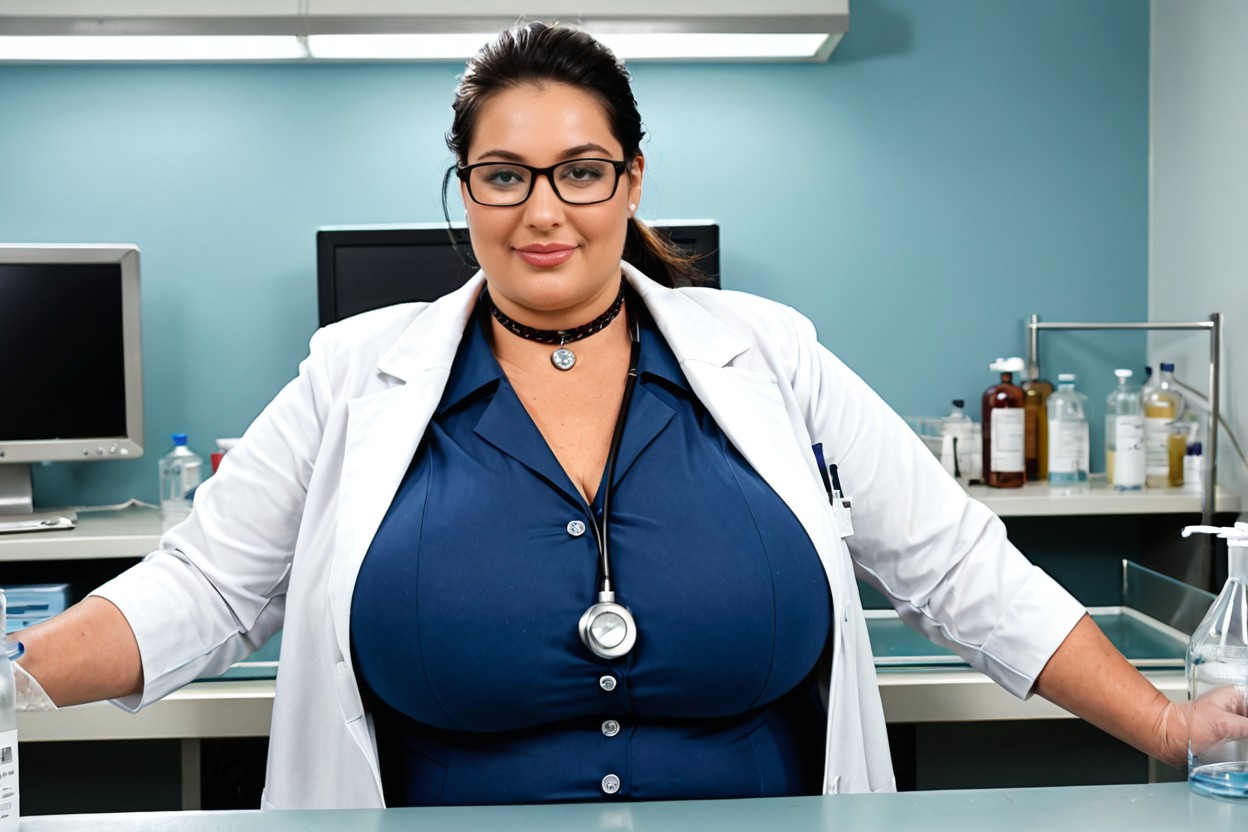 Round Plump Face, Crisp White Lab Coat, Clothed Enormous Gigantic Breasts BBW AI Porn