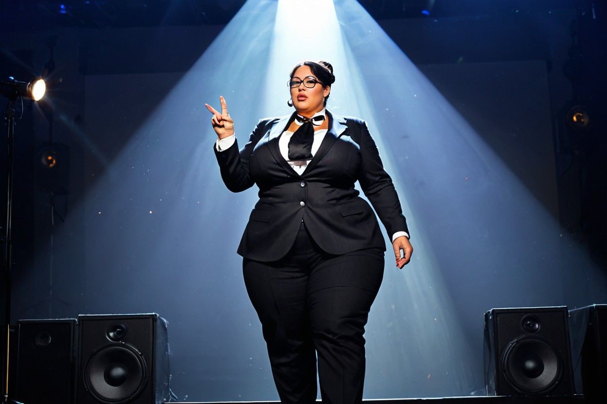 Formal Business Attire, Subtle Silver Lapel Pin, Clothed Supermassive Thick Wide Hips BBW AI Porn