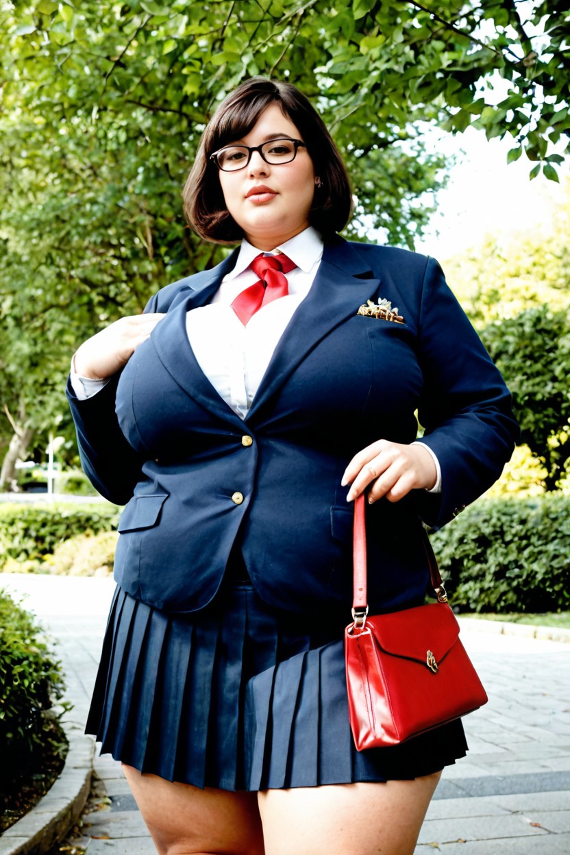 Plump Large Lips, Standing Quietly In A Sunny Public Park Green Trees, Soft Shadows BBW AI Porn
