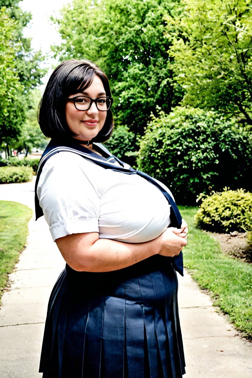 Fully Clothed, Navy Pleated Skirt, Cheeks Flushed BBW AI Porn