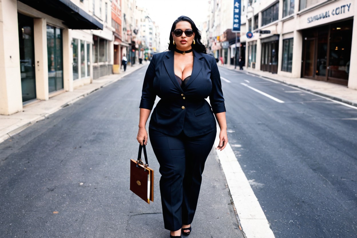 Vibrant Color Grading, Competent, Hard Shadows On The Concrete Sidewalk BBW AI Porn