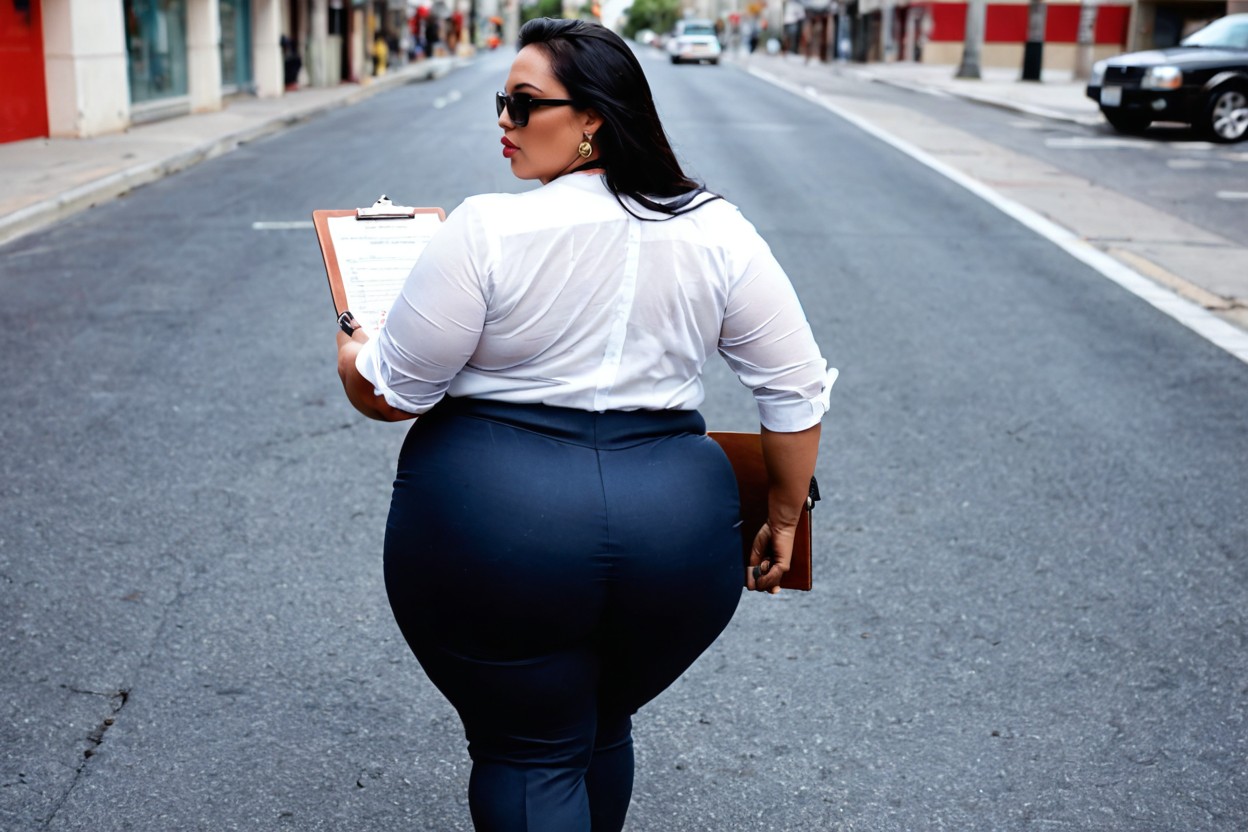 Blurred Pedestrians Passing By, Hyper Obesity, Sleek Black Sunglasses BBW AI Porn