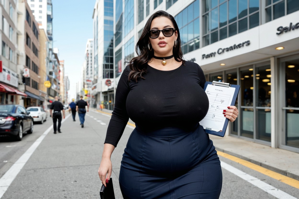 Holds A Legal-size Clipboard With Documents, Ángulo Bajo, Very Sleek Long Black Hair Porno BBW IA