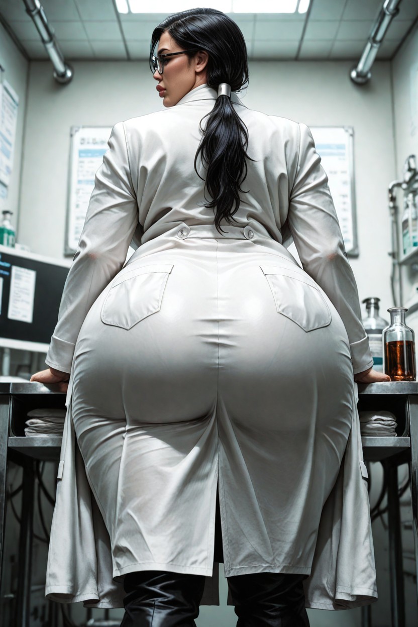 Professional Medical Attire, Thick Black Glasses, Polished Metal Examination Table BBW AI Porn