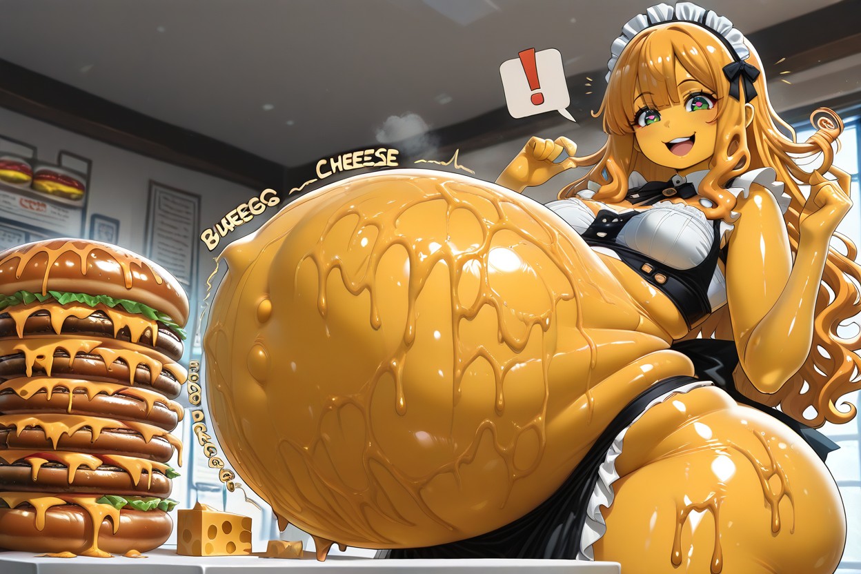 The Hamburger The Same Size As Stomach, Huge Thick And Big Belly Button, Just Before Bursting Stomach Bulge BBW AI Porn