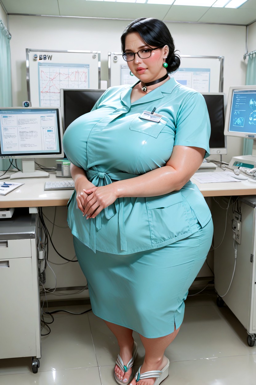 Choker With Bell, Straight Black Hair, Uniform BBW AI Porn