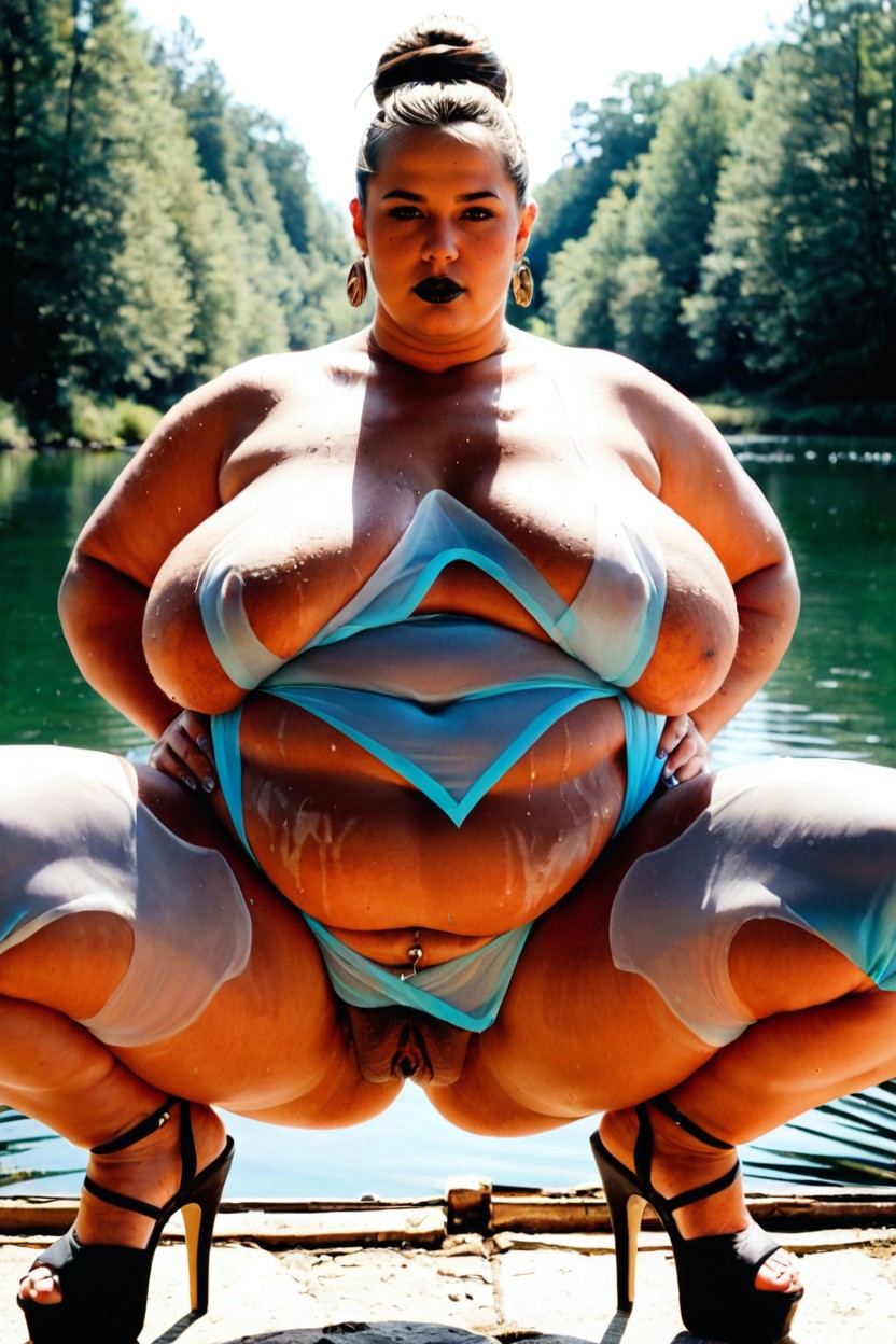 Hair Bun, Giant Saggy Breasts, Pierced Nibbles BBW AI Porn