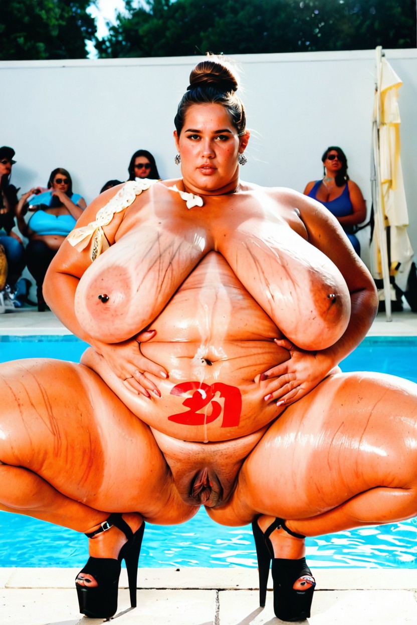 Squatting, At Public Pool, Pierced Nibbles BBW AI 야짤