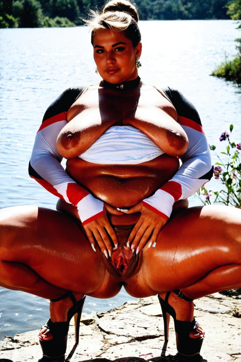 Oiled Skin, Naked, Spreading Puff Pussy With Both Hands BBW AI Porn