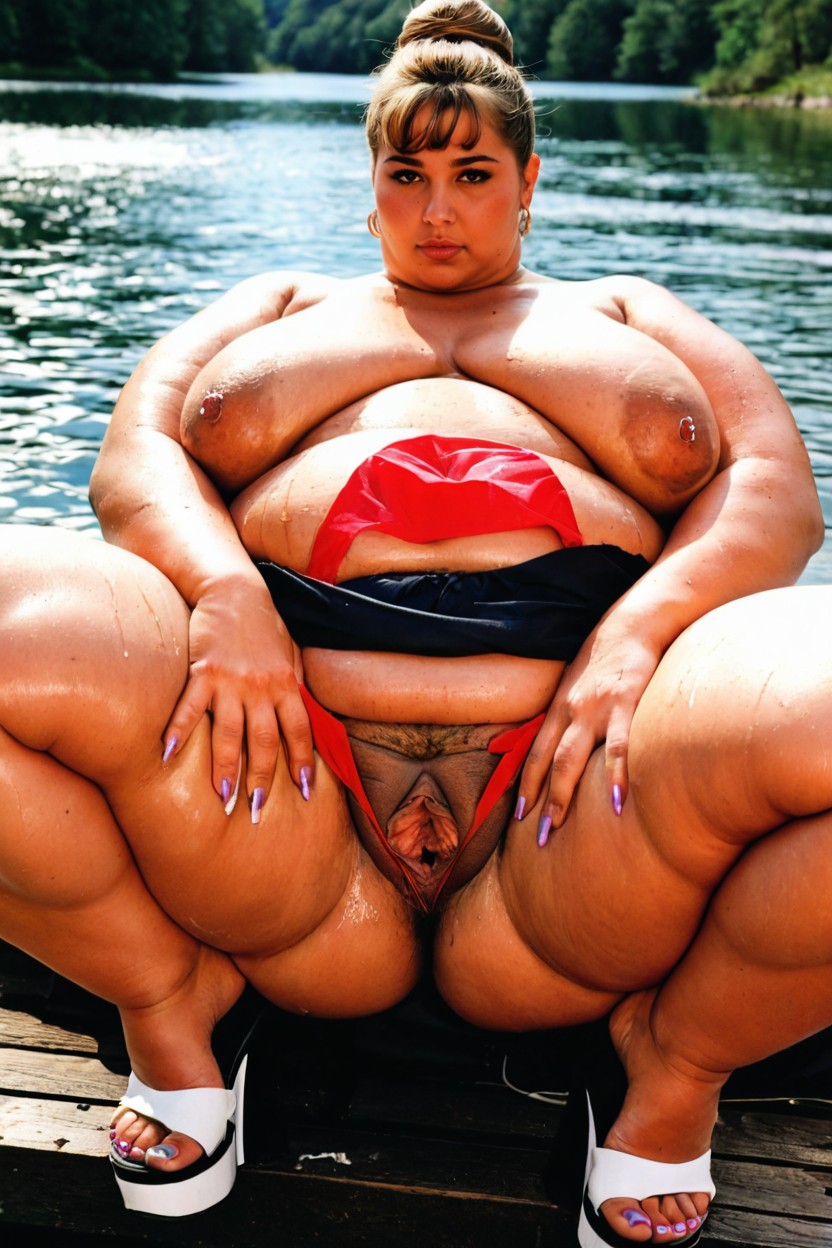 Spreading Puff Pussy With Both Hands, Naked, Obese Ssbbw BBW AI Porn