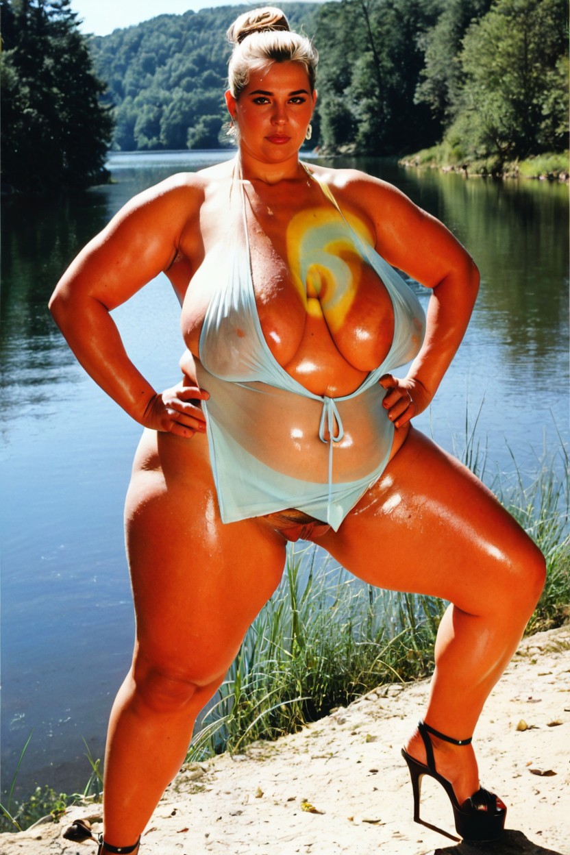 Hair Bun, Round Chubby Face, Extremely Large Labia BBW AI Porn
