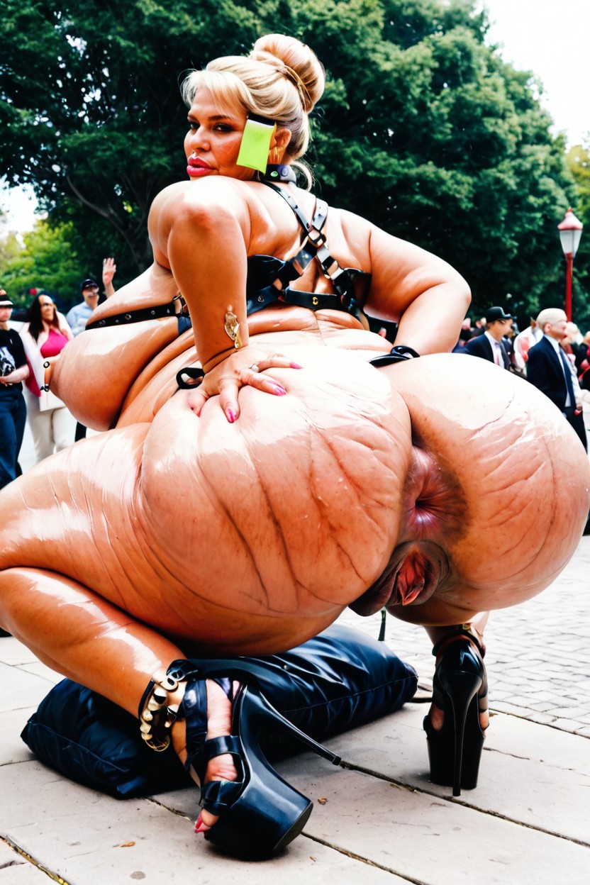 Kneel, Huge Puffy Nipples, Leather Harness BBW AI Porn