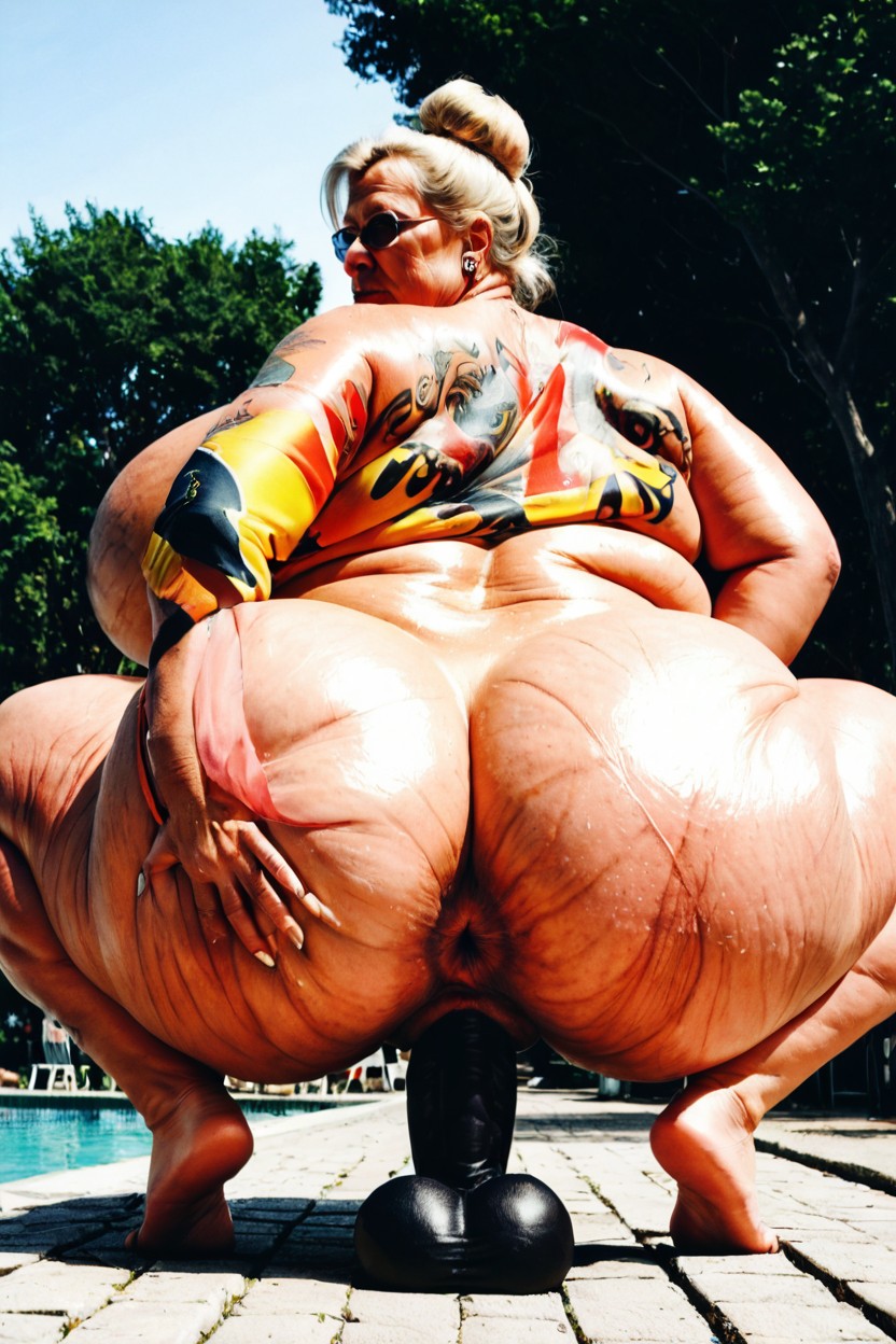 Hair Bun, Low Angle, Extremely Large Gigantic Puffy Labia BBW AI Porn