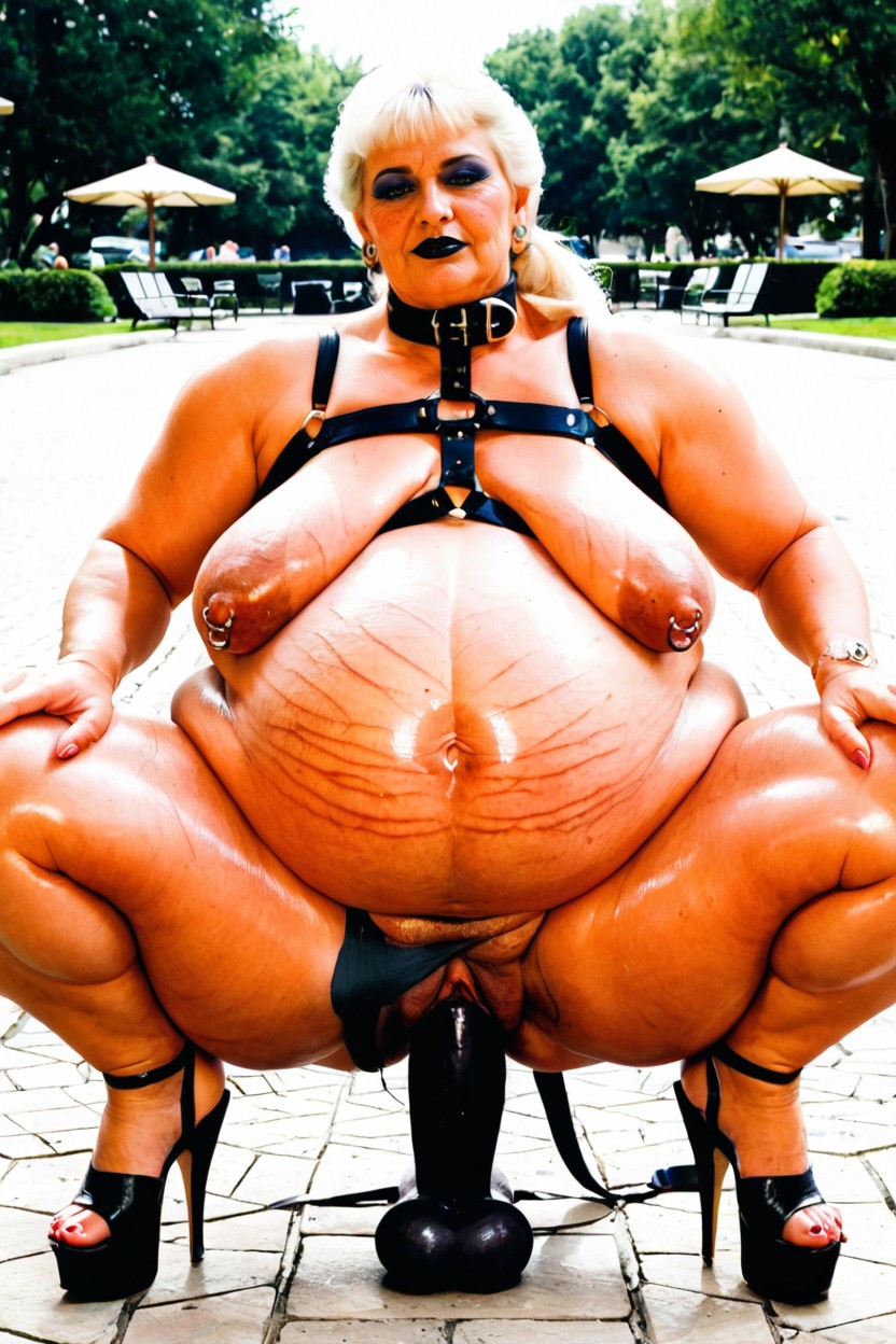 Natural Sagging Breasts, Glistening Skin, Pierced Nipples BBW AI Porn