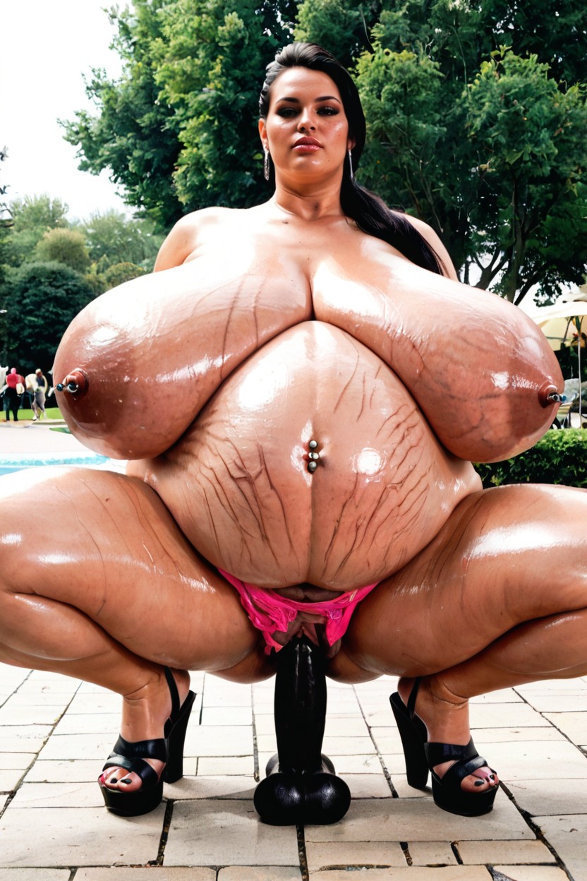Knees Apart, Serious Expression, Pierced Nipples BBW AI Porn