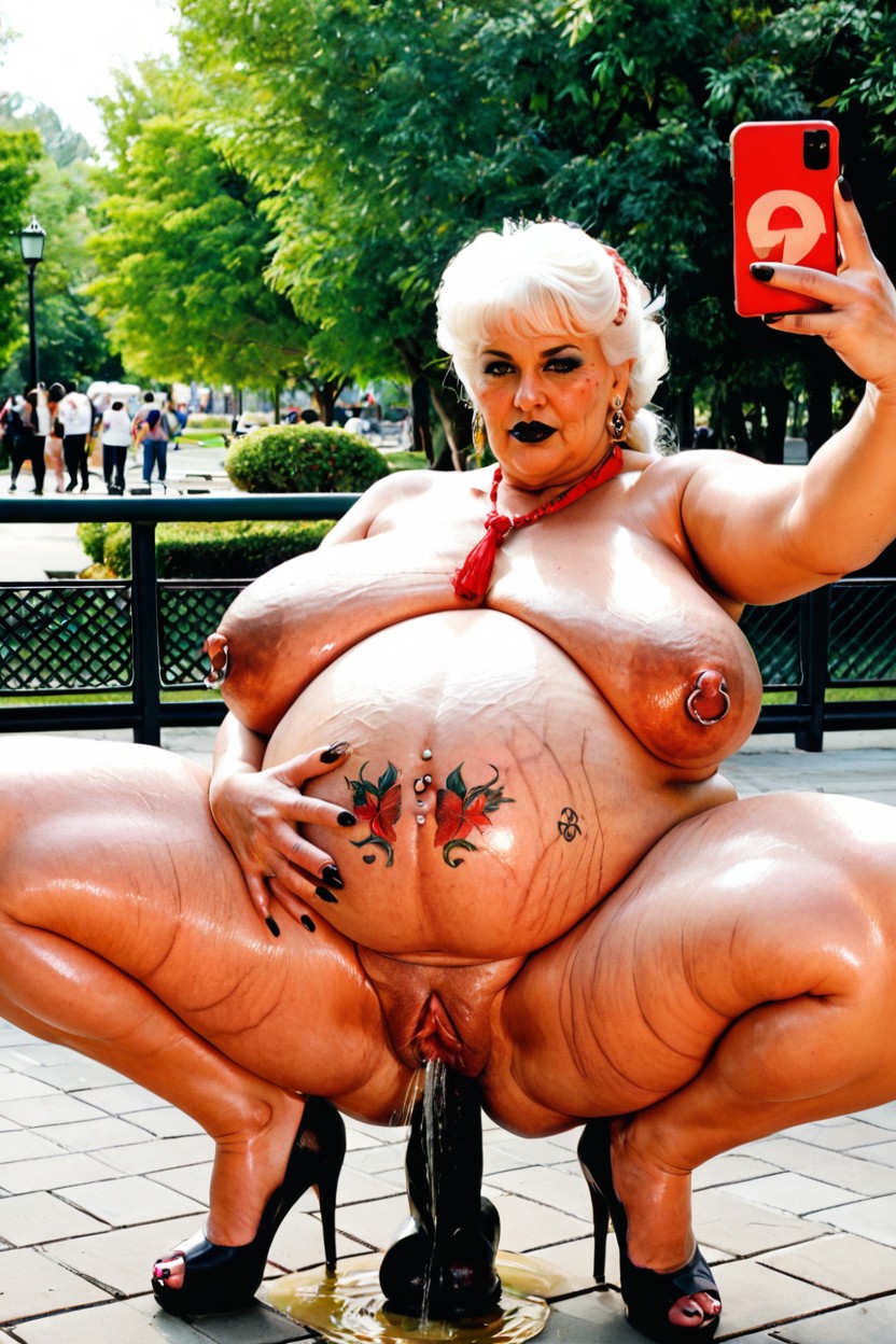 Squatting, Extremely Gigantic Obese Belly Rolls, Black Lipstick BBW AI Porn