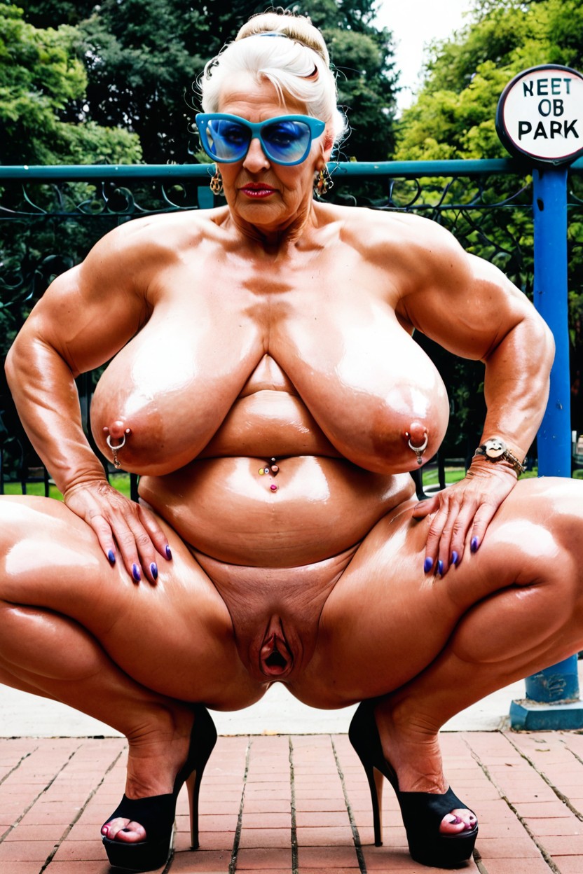 Extremely Muscular, Public Park, Squatting BBW AI Porn