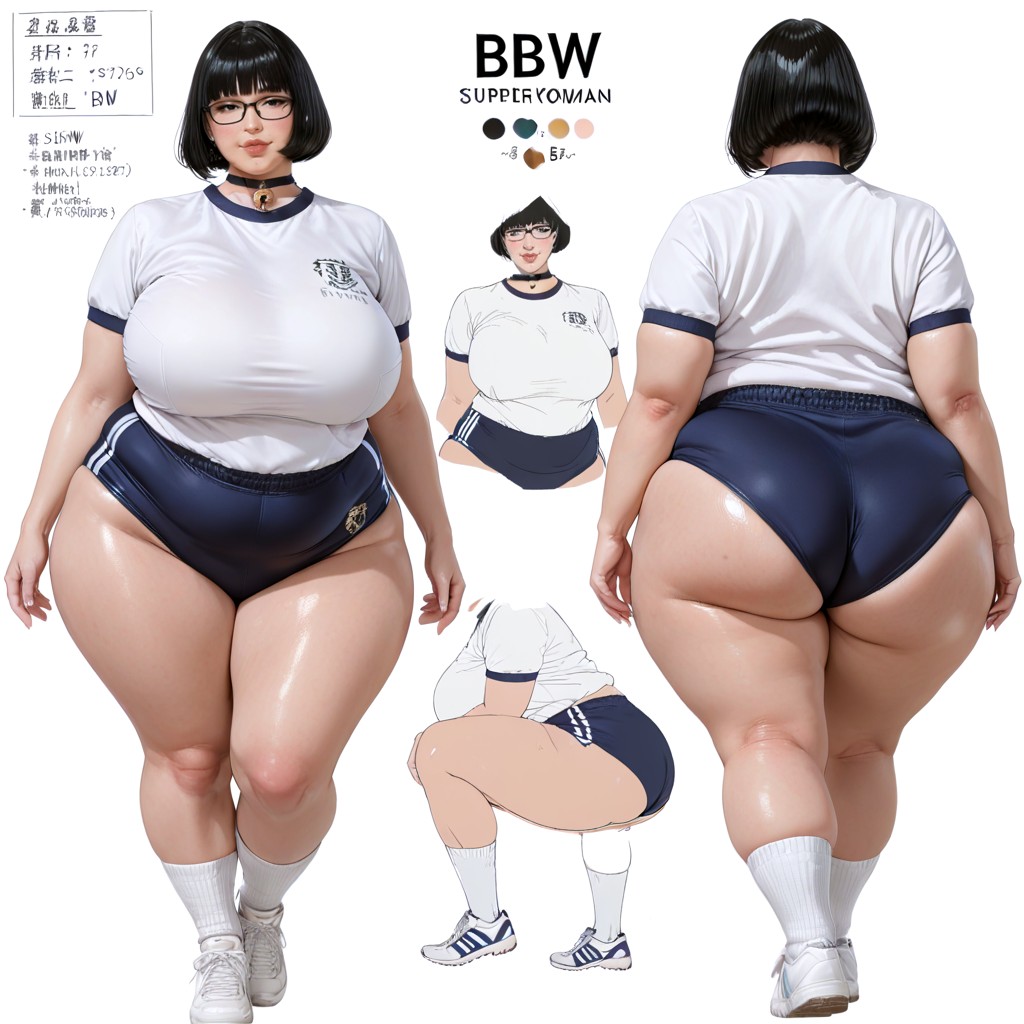 Wearing A Plain White Gym Uniform, Round Plump Face, Rear View BBW AI Porn