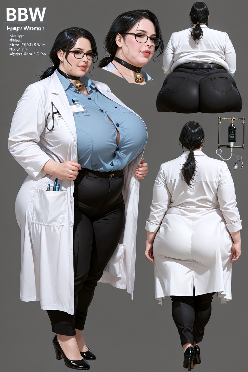 Choker With Bell, Clothed Enormous Gigantic Breasts, Low Ponytail BBW AI Porn