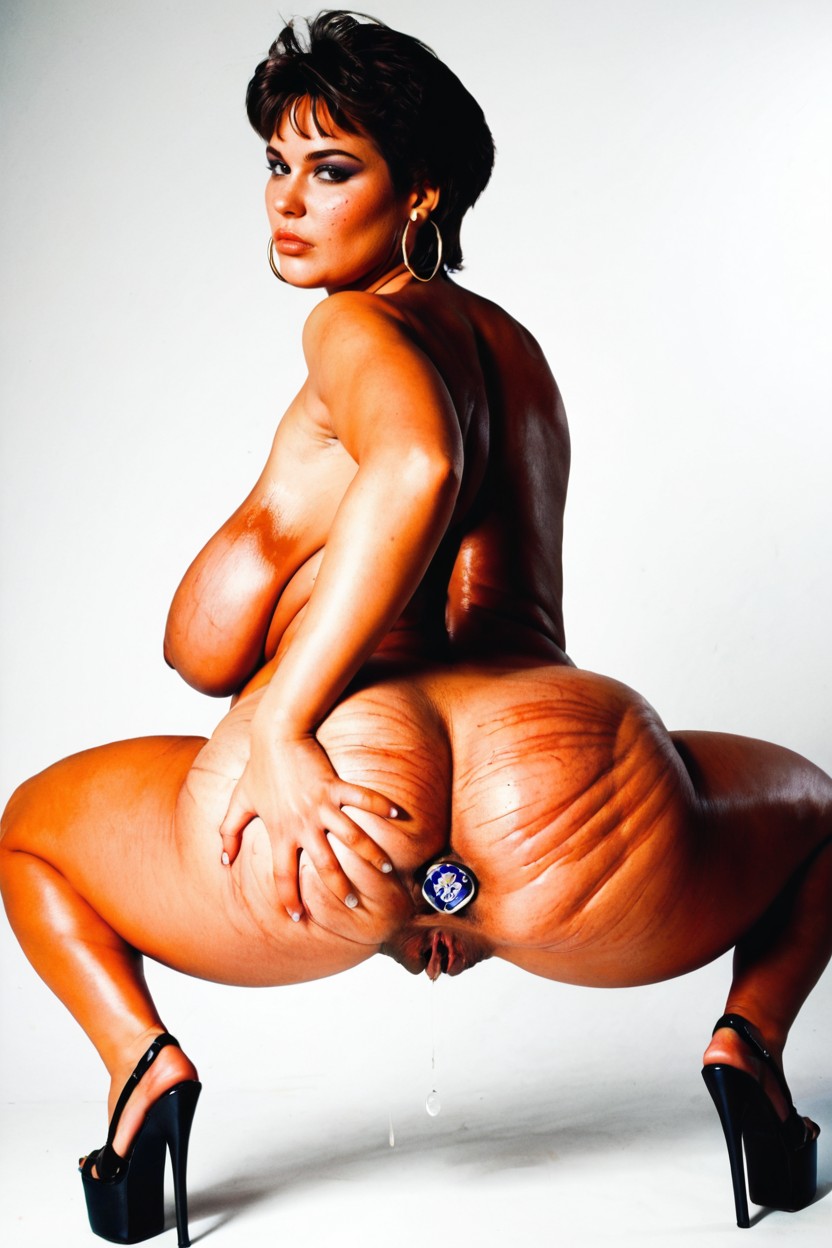 Black Stiletto Platform Heels, Naked, Huge Sagging Breasts BBW AI Porn