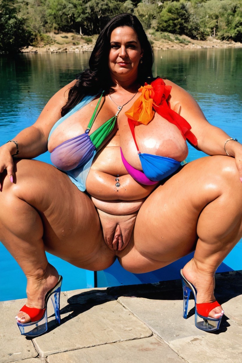 Knees Apart, By A Lake, Soft Light BBW AI Porn