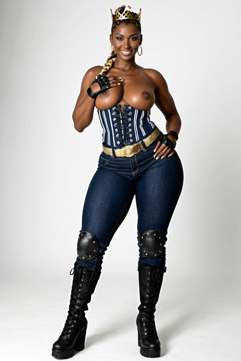 Shaved Sides With Geometric Patterns, Exaggerated Capcom Proportions Bold Heroic Anatomy, Front View BBW AI Porn