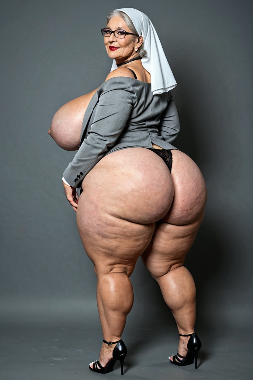 Grey Knee Length Skirt, Morbidly Obese Breasts, White Shirt BBW AI Porn