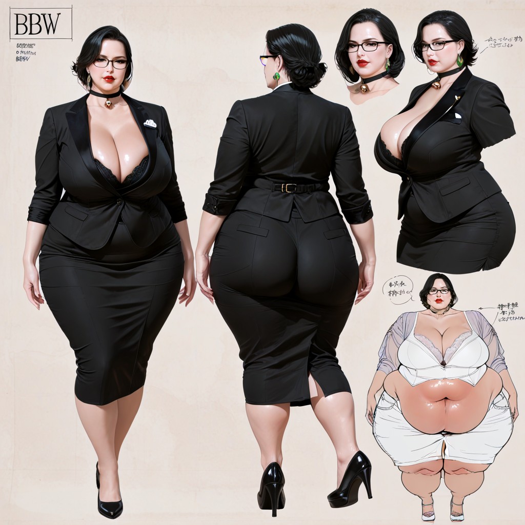 Thick Black Glasses, Multiple Views, Reference Sheet BBW AI Porn