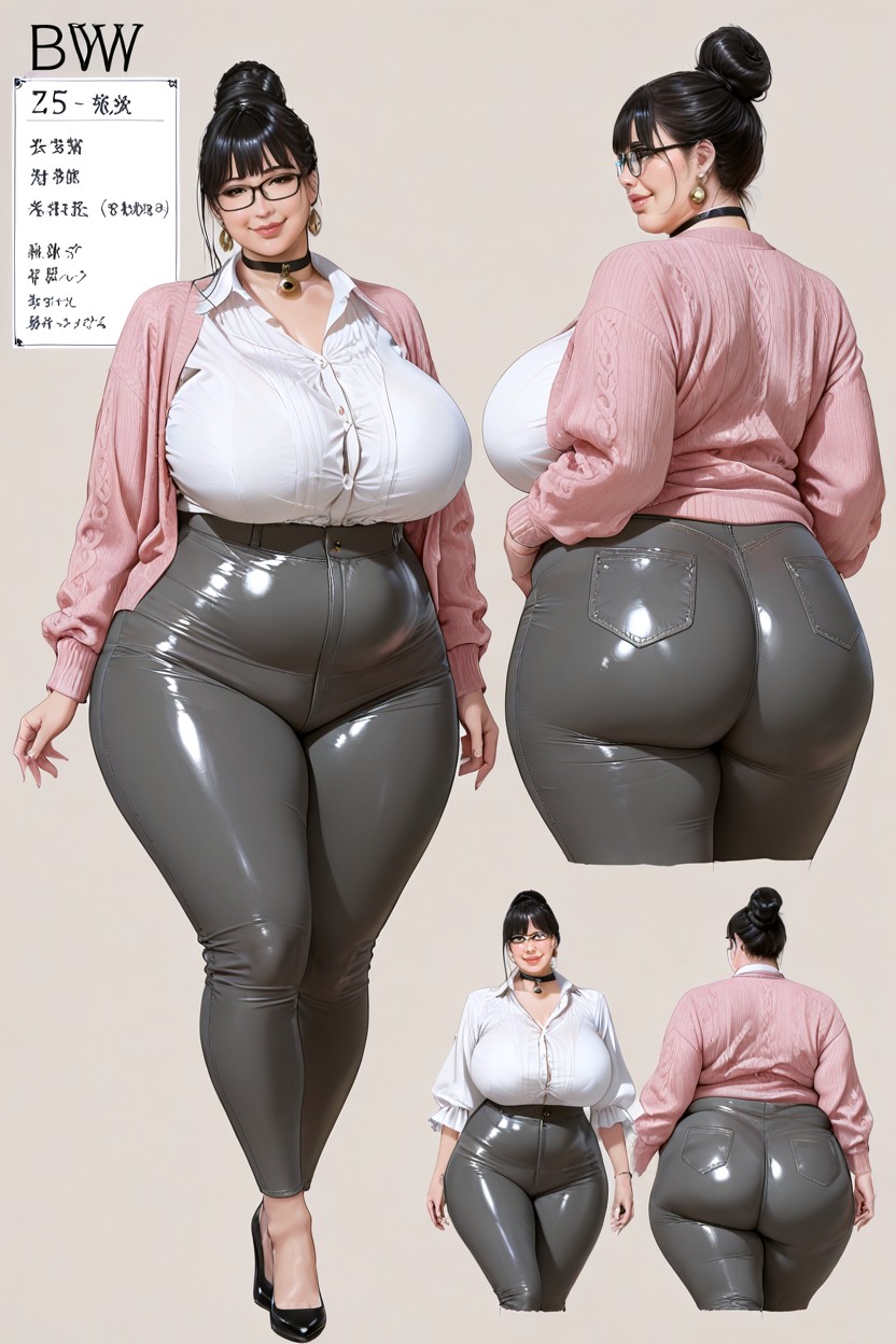 Black Straight Hair, Hyper Obesity, Tight Gray Fabric Pants BBW AI Porn