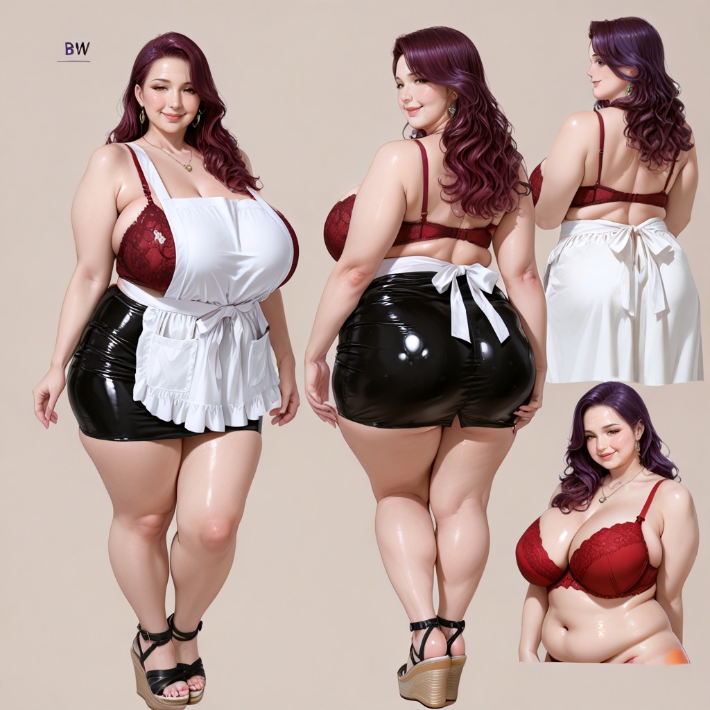 Red-purple Wavy Hair, Form Fitting Clothes, Full Body BBW AI Porn