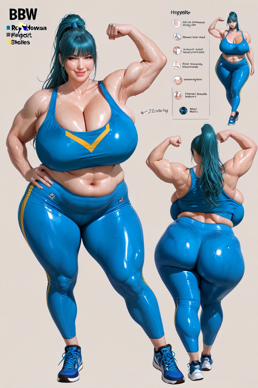 Simple Beige Background, Bright Blue-tank Top With Yellow Stripe Accent, Fully Clothed BBW AI Porn