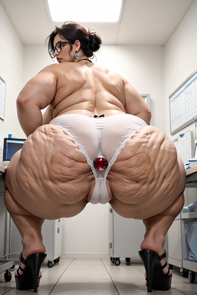 Low Angle, Straight Black Hair, Spreading Buttocks With Both Hands BBW AI Porn