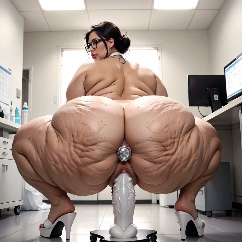 Spreading Buttocks With Both Hands, Rear View, Calm Workplace BBW AI Porn