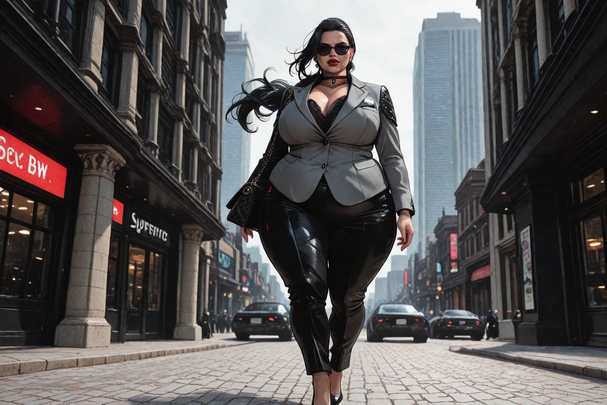 Sharp Shadows, City Backdrop, Choker With Bell BBW AI Porn