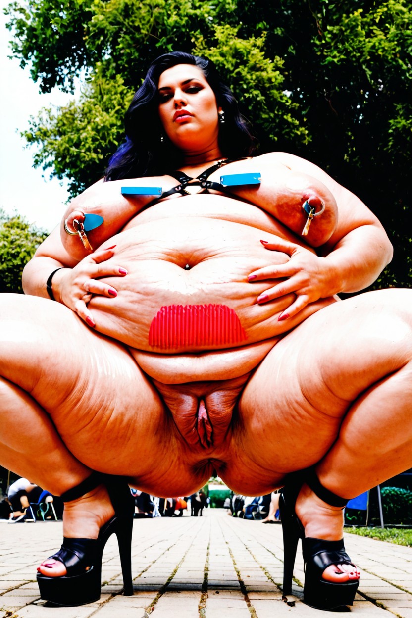 Both Knees Up, Pierced Belly Button, Glistening Skin BBW AI Porn