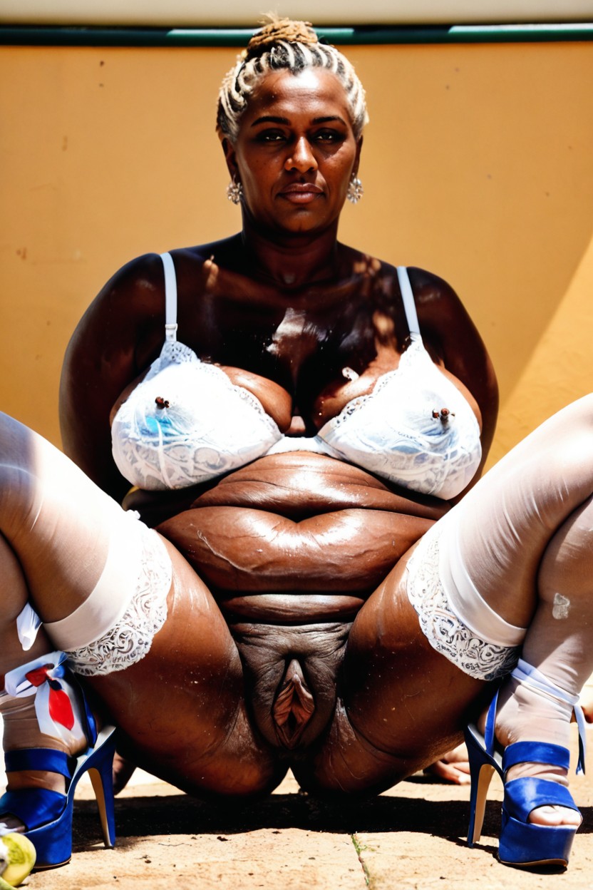Perfect Natural Medium Breasts, Obese Belly Rolls, White Stiletto Platform Heels BBW AI Porn