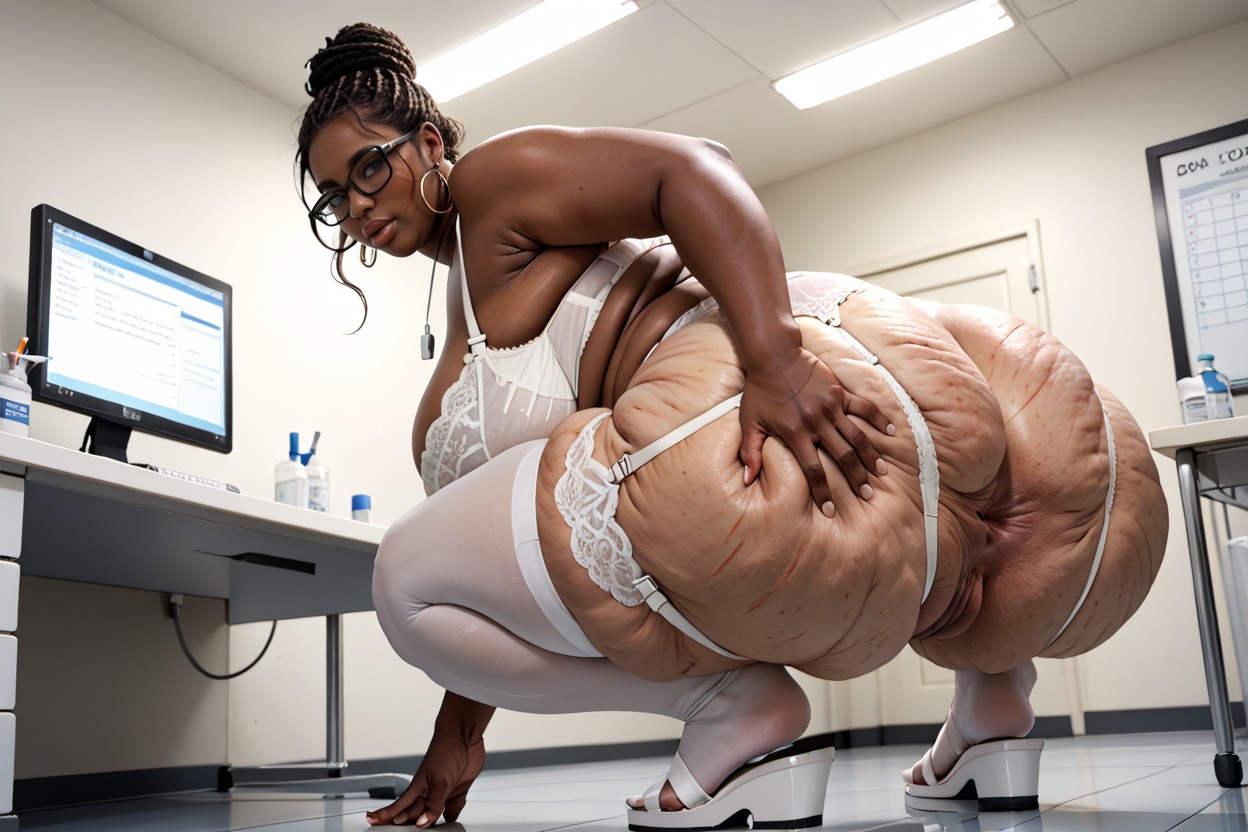 Digital Monitor Glow, Thick Black Glasses, Black Eyes BBW AI Porn