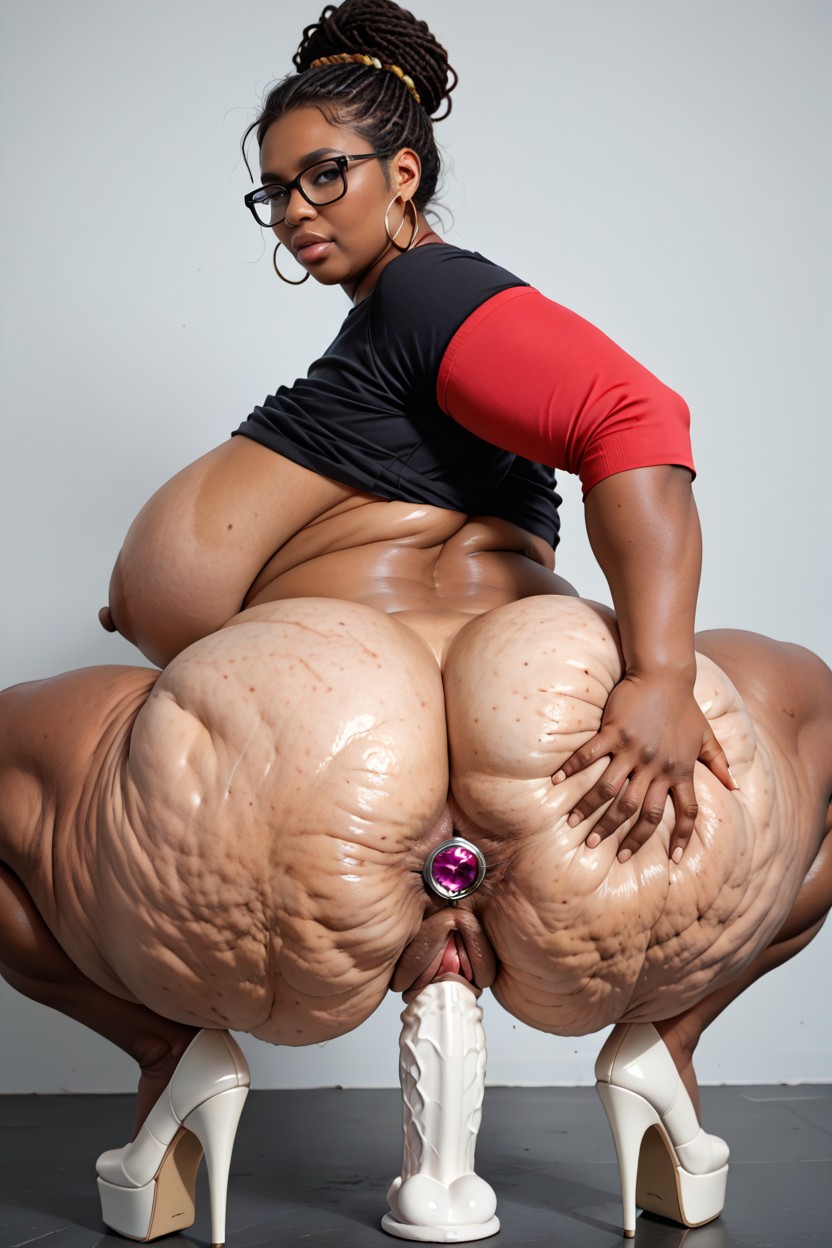 Oiled Skin, White Platform Heels, Colossal Breast BBW AI Porn