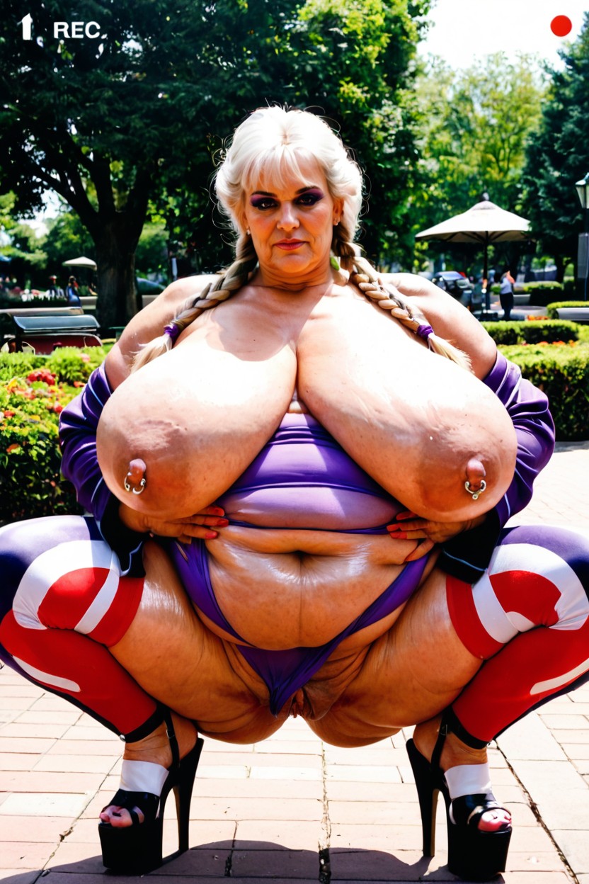 Holding Belly Up With Both Hands, Platform Heels, Extremely Large Gigantic Puffy Labia BBW AI Porn