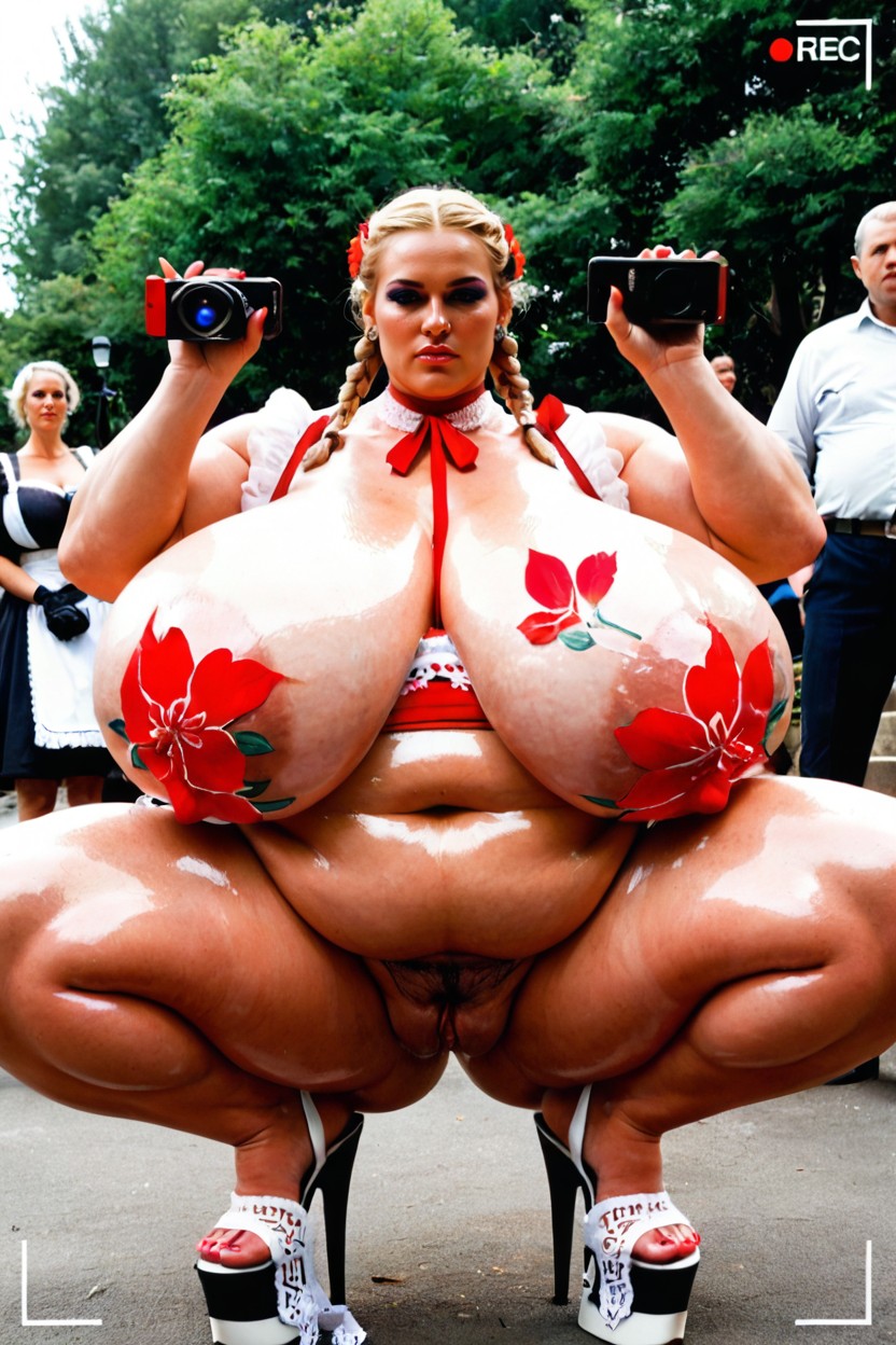 Knees Apart, Dirndl Dress, Front View BBW AI Porn