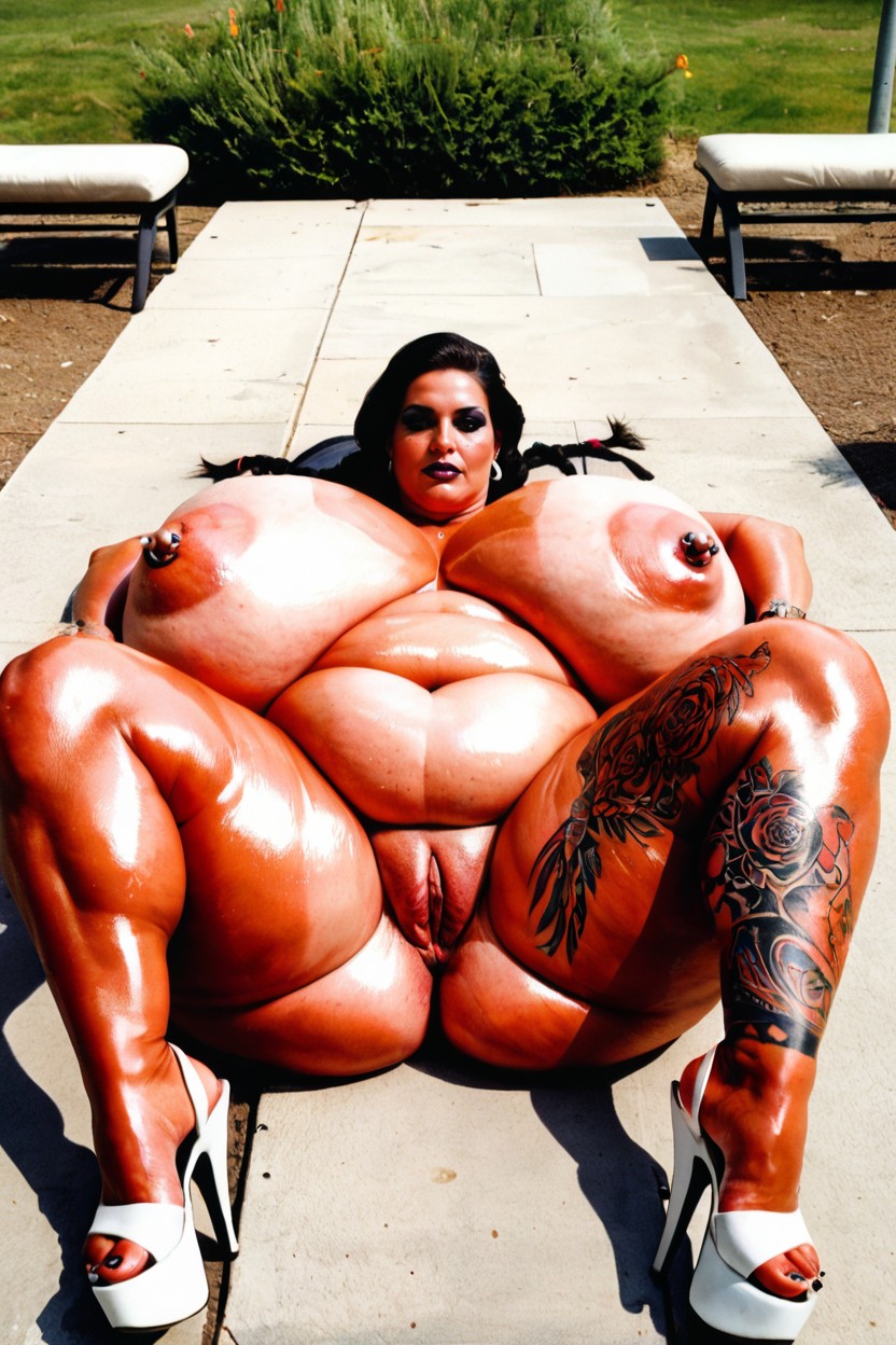 Laying On The Back, Huge Puffy Nipples, People Around BBW AI Porn