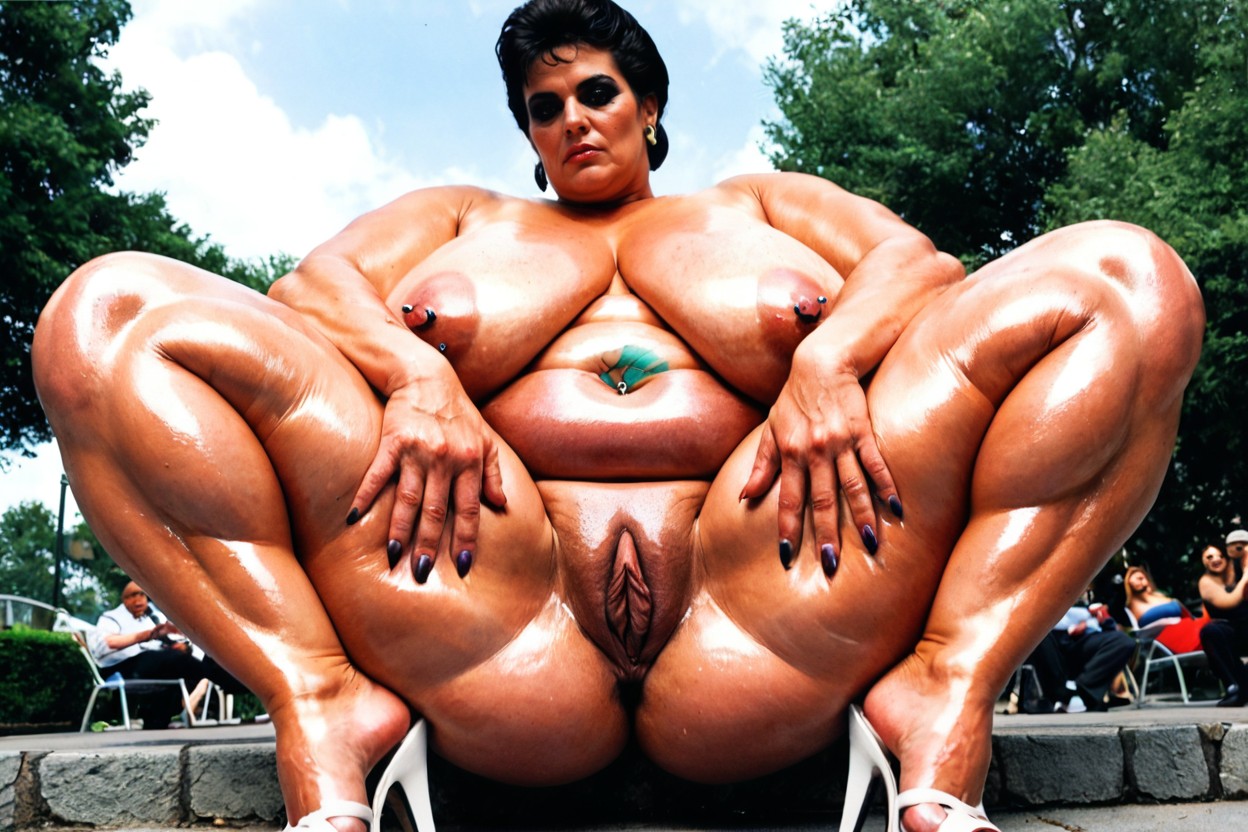 Both Knees Up, People Around, Extremely Muscular BBW AI Porn