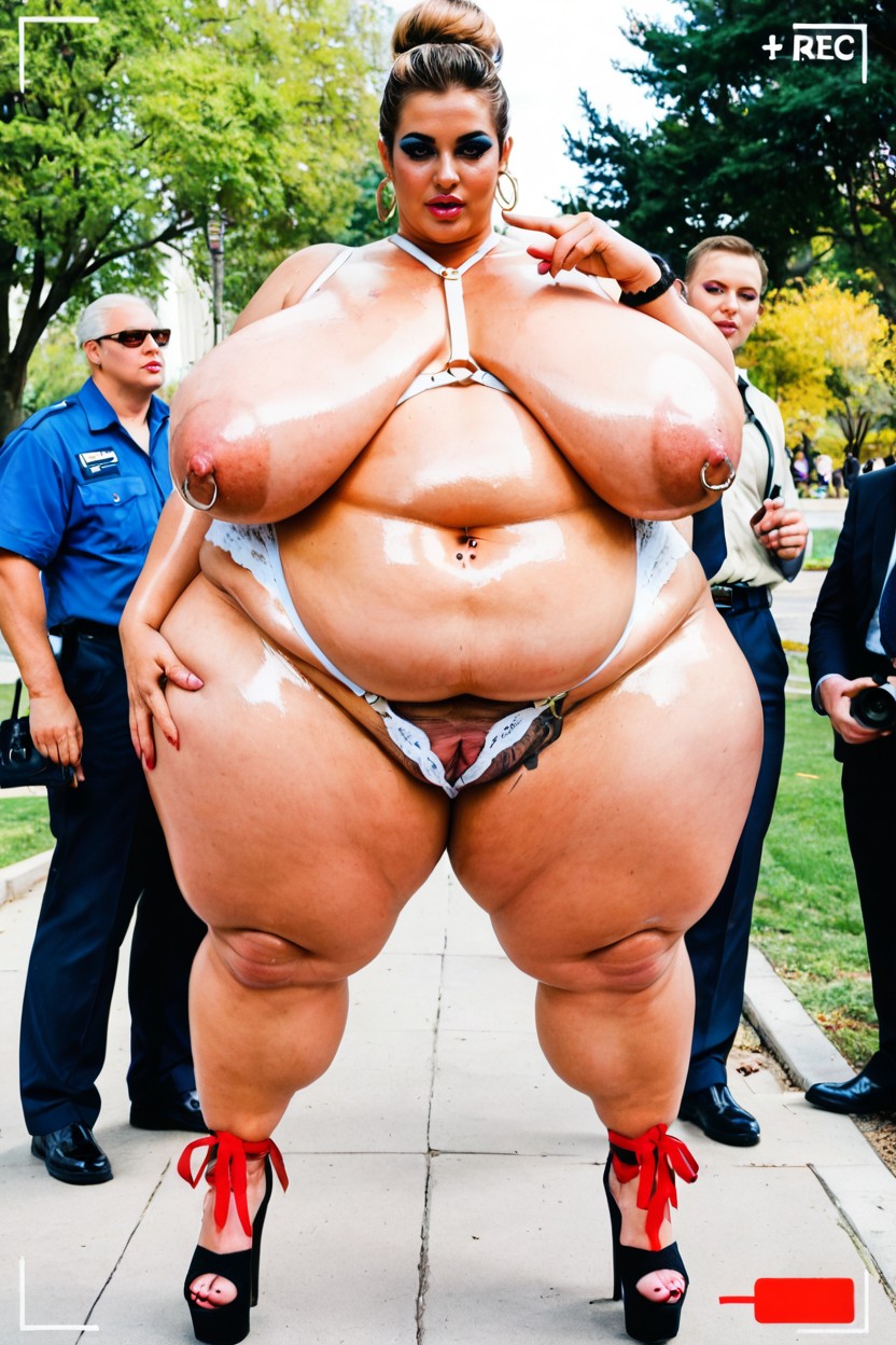 Both Knees Up, Pierced Belly Button, Extremely Large Wide Gigantic Puffy Labia BBW AI Porn