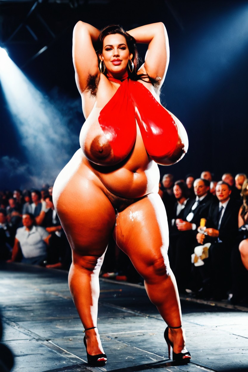Reflective Surface, Packed Audience On Both Sides, Side View BBW AI Porn