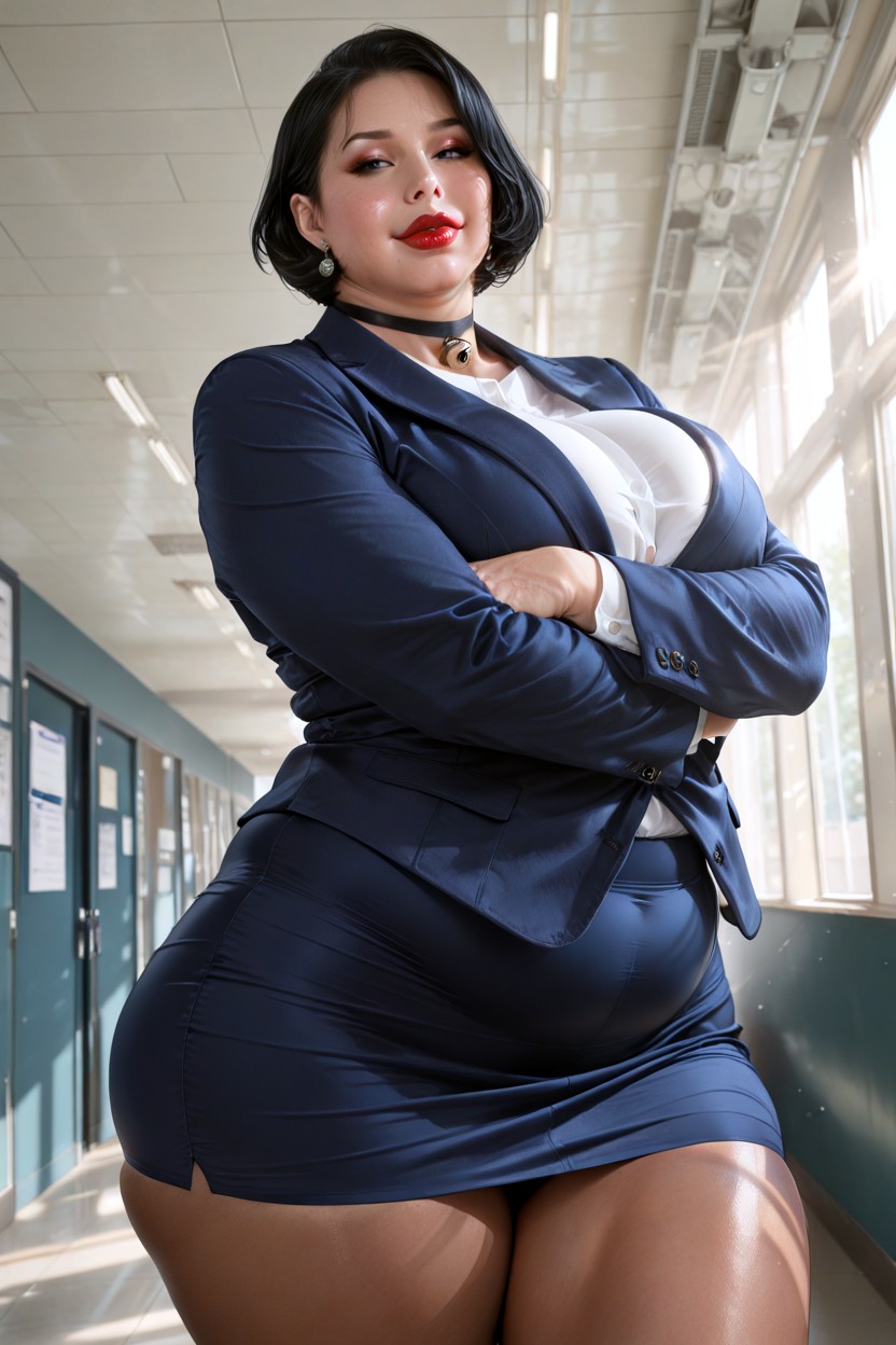 Broad Shoulders, Black Pantyhose, Black Hair BBW AI Porn