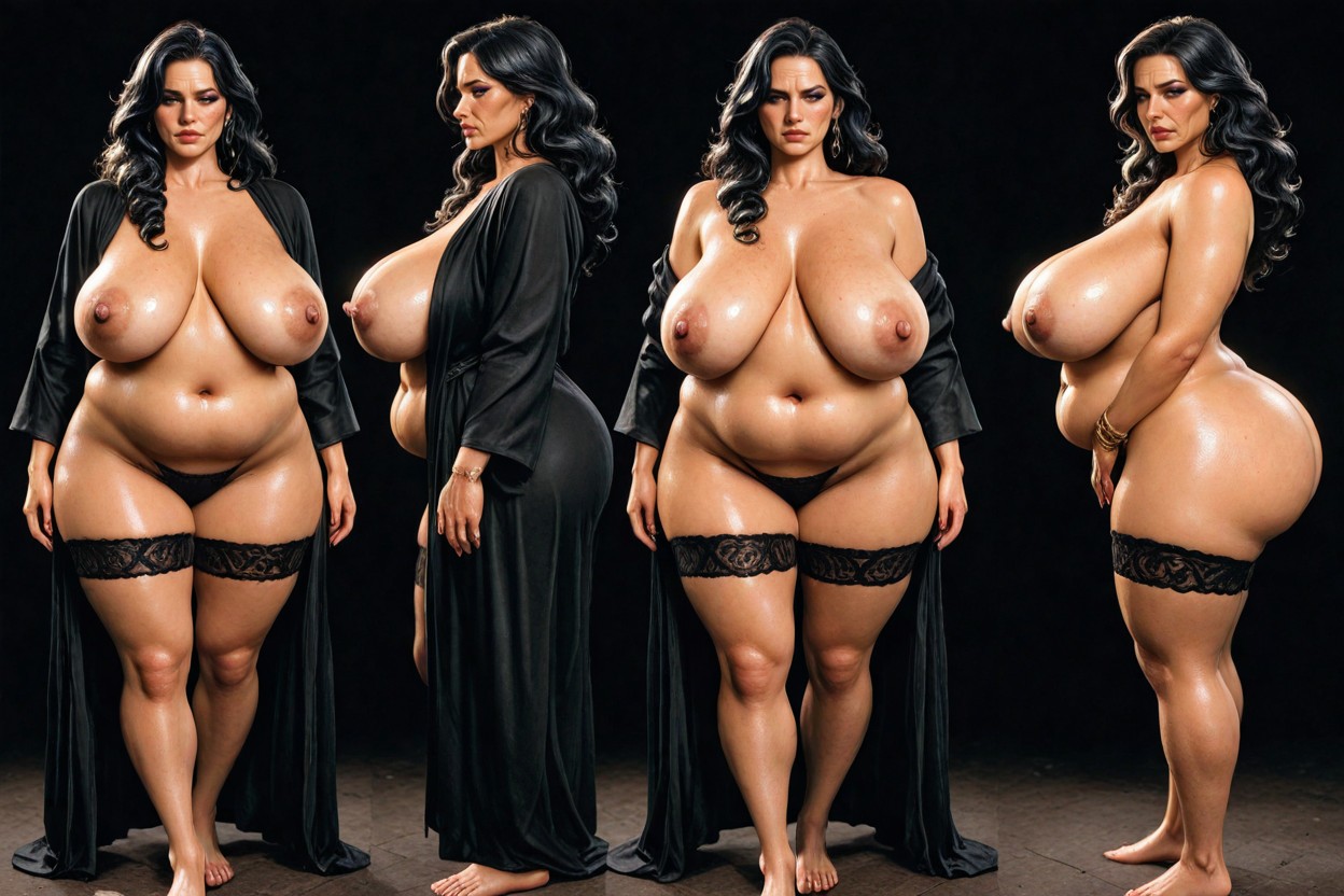 Breasts Much Bigger Than Body, Wrinkled Skin, Retro With Long Black Curly Hair BBW AI Porn