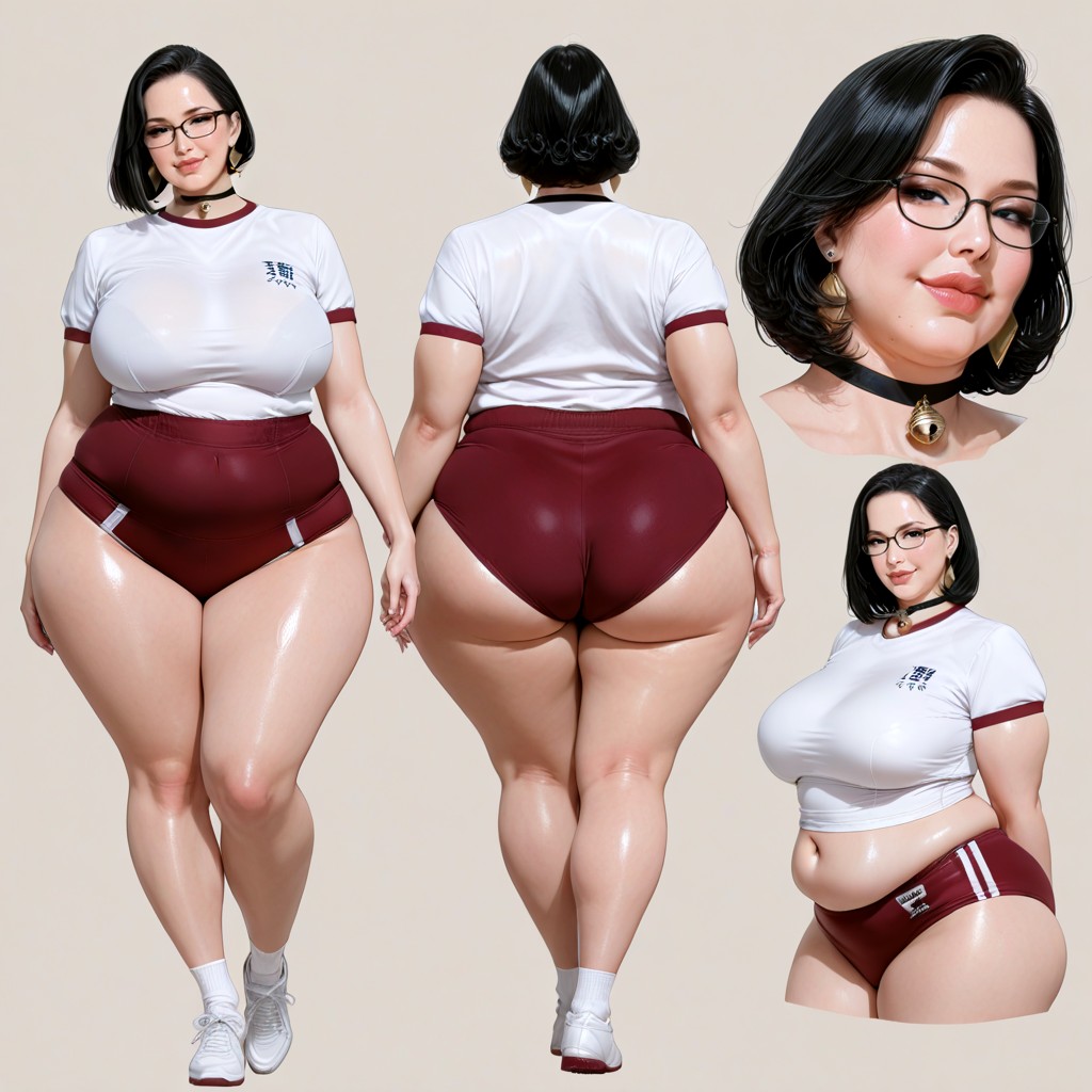 Hyper Obesity, Wearing A Plain White Gym Uniform, Japanese Woman BBW AI Porn