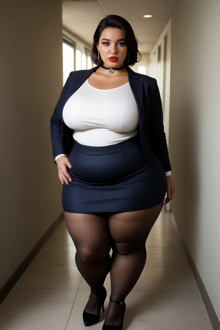 Empty Corridor, Clothed Heavy Plump Ample Booty, Thick Eyeliner BBW AI Porn