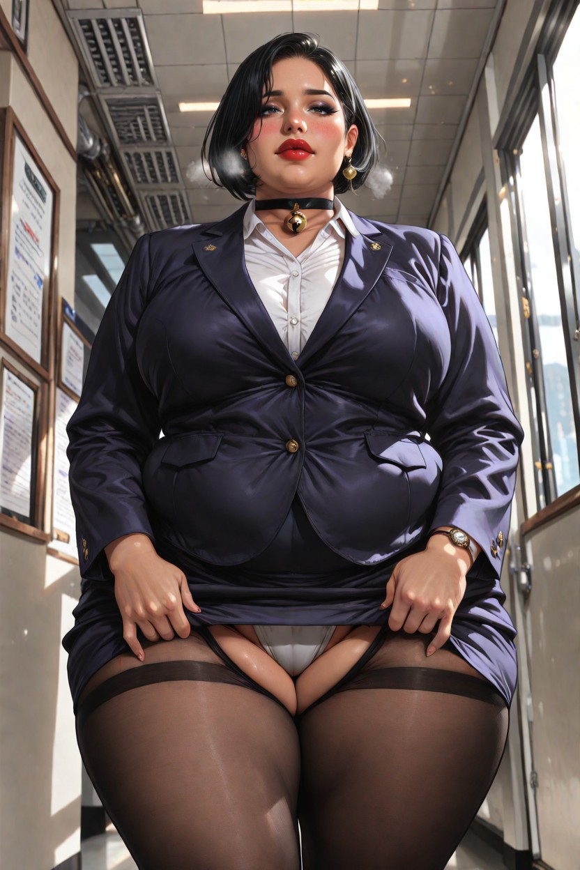 Fully Clothed, Empty Corridor, Choker With Bell BBW AI Porn