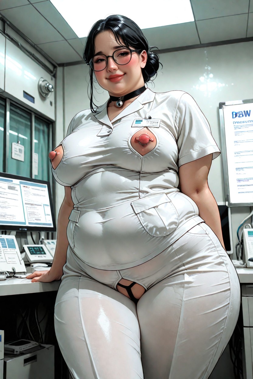 Thick Black Rimmed Glasses, White Polo Shirt, High Tech Equipment Porno BBW IA